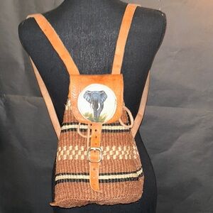 Brown Woven Backpack with African Theme Elephant Design
